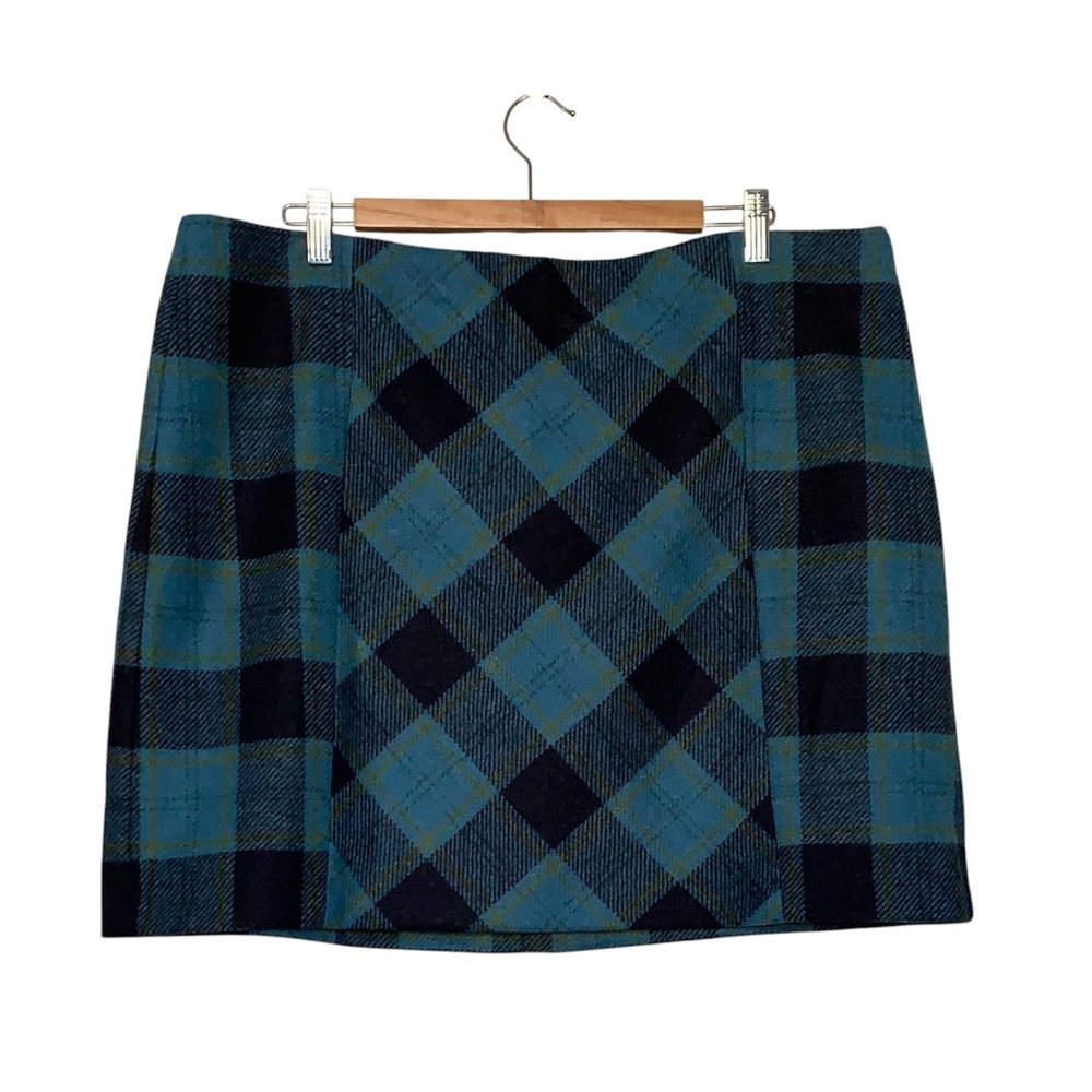 Hobbs London Moon Tweed Wool Skirt Tartan Blue Teal Fully Lined US Size 14
